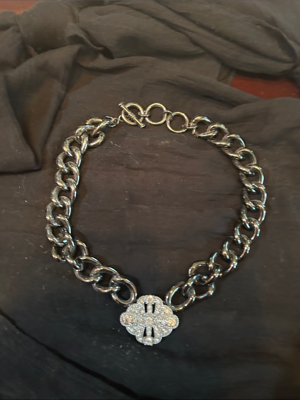 Lia Sophia Black Chain Necklace with Sparkling Silver-Tone Pendant
